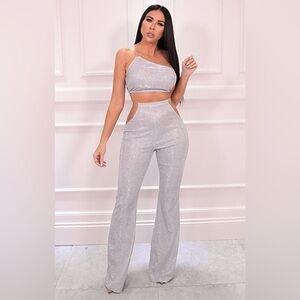 Silver Glitter Cut Out Clear Strap Wide Leg Trousers